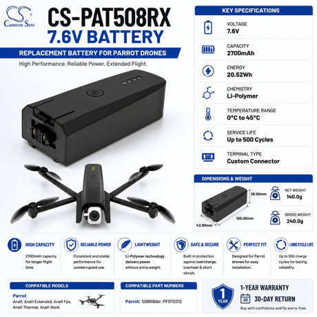7.6V, Li-Polymer, 2700mAh, Drones battery fits Parrot, 50869bbr, Anafi, Anafi Extended, 20.52Wh Drones Cameron Sino Technology Limited