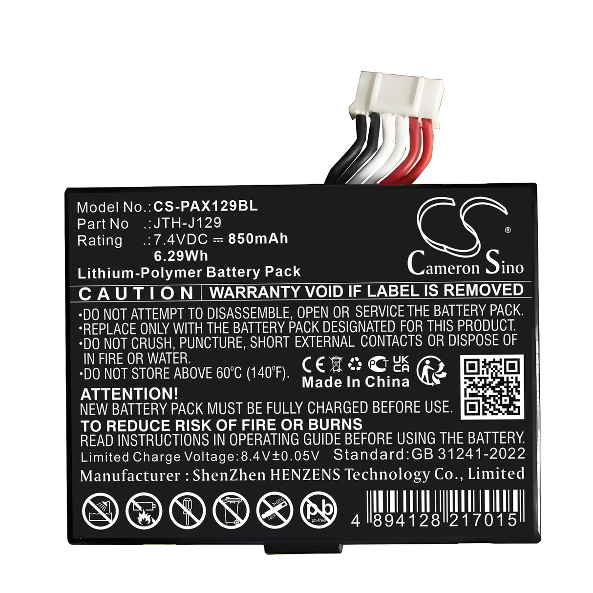 7.4V, Li-Polymer, 850mAh, Payment Terminal battery fits Pax, JTH-J129, A910, A930, 6.29Wh Payment Terminal Cameron Sino Technology Limited