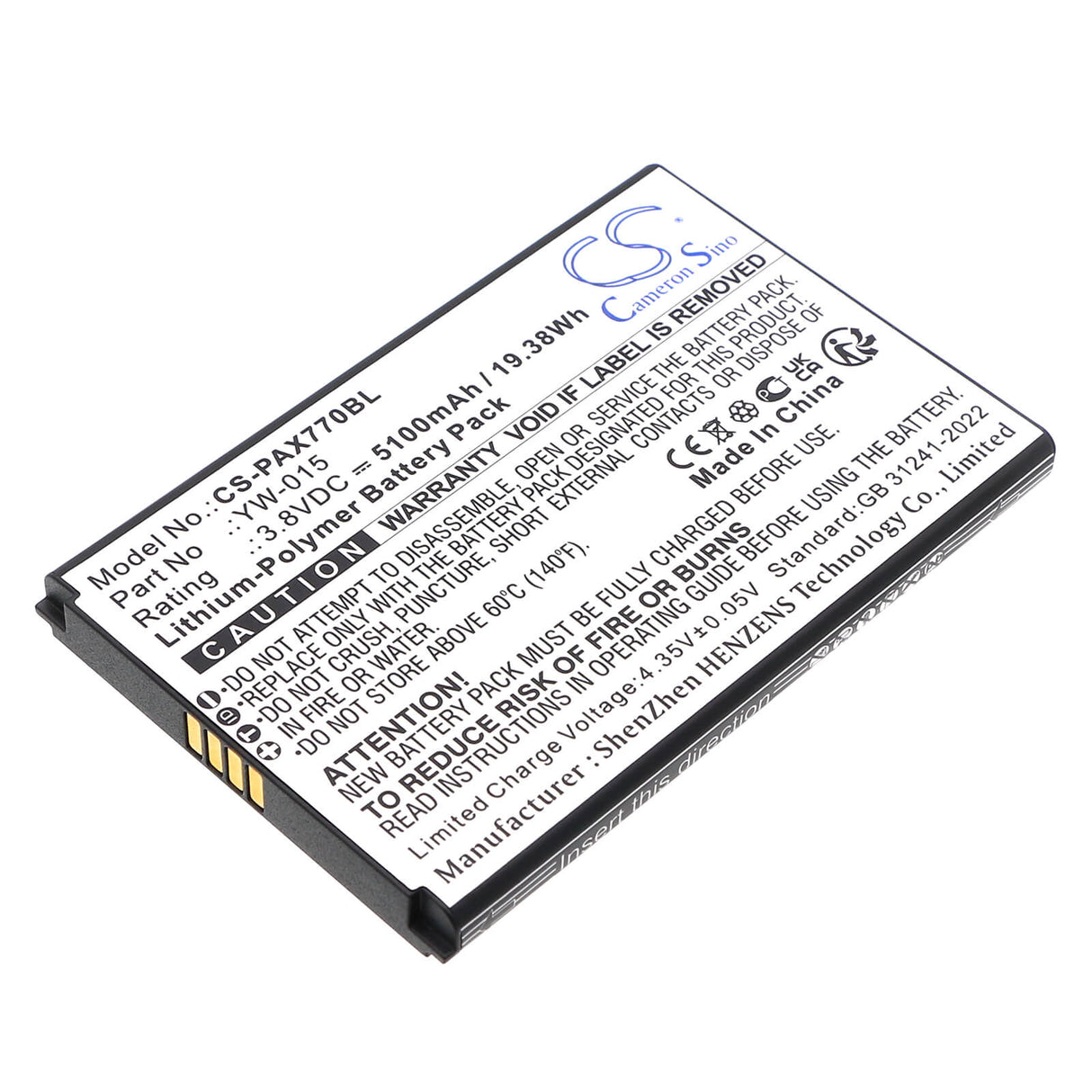 3.8V, Li-Polymer, 5100mAh, Payment Terminal battery fits Pax, Yw-009, A77, 19.38Wh Payment Terminal Cameron Sino Technology Limited