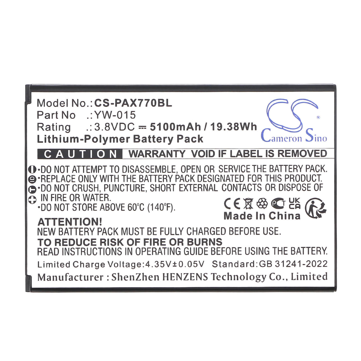 3.8V, Li-Polymer, 5100mAh, Payment Terminal battery fits Pax, Yw-009, A77, 19.38Wh Payment Terminal Cameron Sino Technology Limited