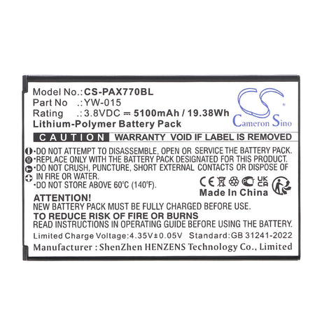 3.8V, Li-Polymer, 5100mAh, Payment Terminal battery fits Pax, Yw-009, A77, 19.38Wh Payment Terminal Cameron Sino Technology Limited
