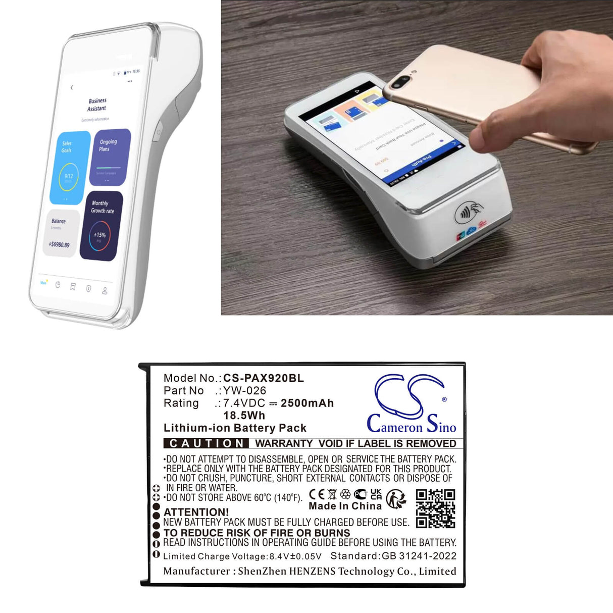 6.4V, Li-Polymer, 2500mAh, Payment Terminal battery fits Pax, Yw-026, A920 Max, 16.0Wh Payment Terminal Cameron Sino Technology Limited