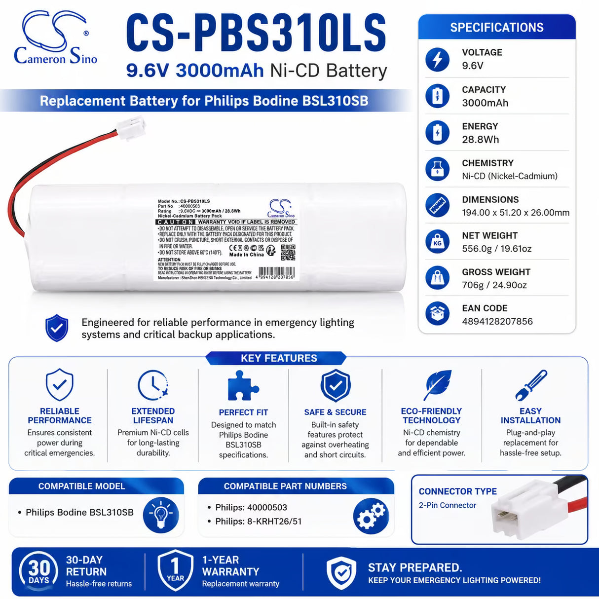 9.6V, Ni-CD, 3000mAh, Emergency Lighting battery fits Philips, 40000503, Bodine Bsl310sb, 28.8Wh Emergency Lighting Cameron Sino Technology Limited