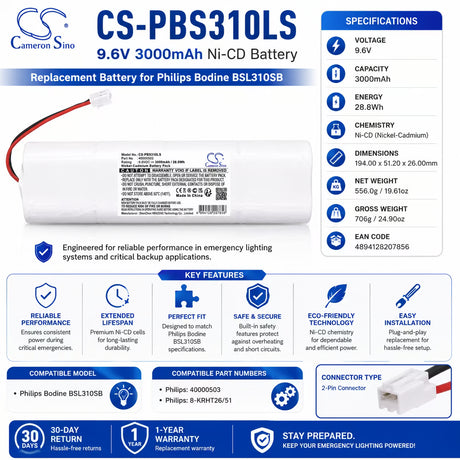 9.6V, Ni-CD, 3000mAh, Emergency Lighting battery fits Philips, 40000503, Bodine Bsl310sb, 28.8Wh Emergency Lighting Cameron Sino Technology Limited
