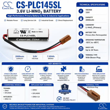 PLC Battery for Toshiba Er6v, Er14500 3.6v, 2000mah - 7.20wh PLC Cameron Sino Technology Limited
