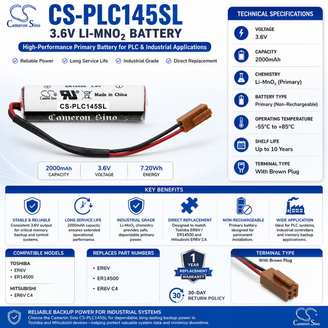 PLC Battery for Toshiba Er6v, Er14500 3.6v, 2000mah - 7.20wh PLC Cameron Sino Technology Limited