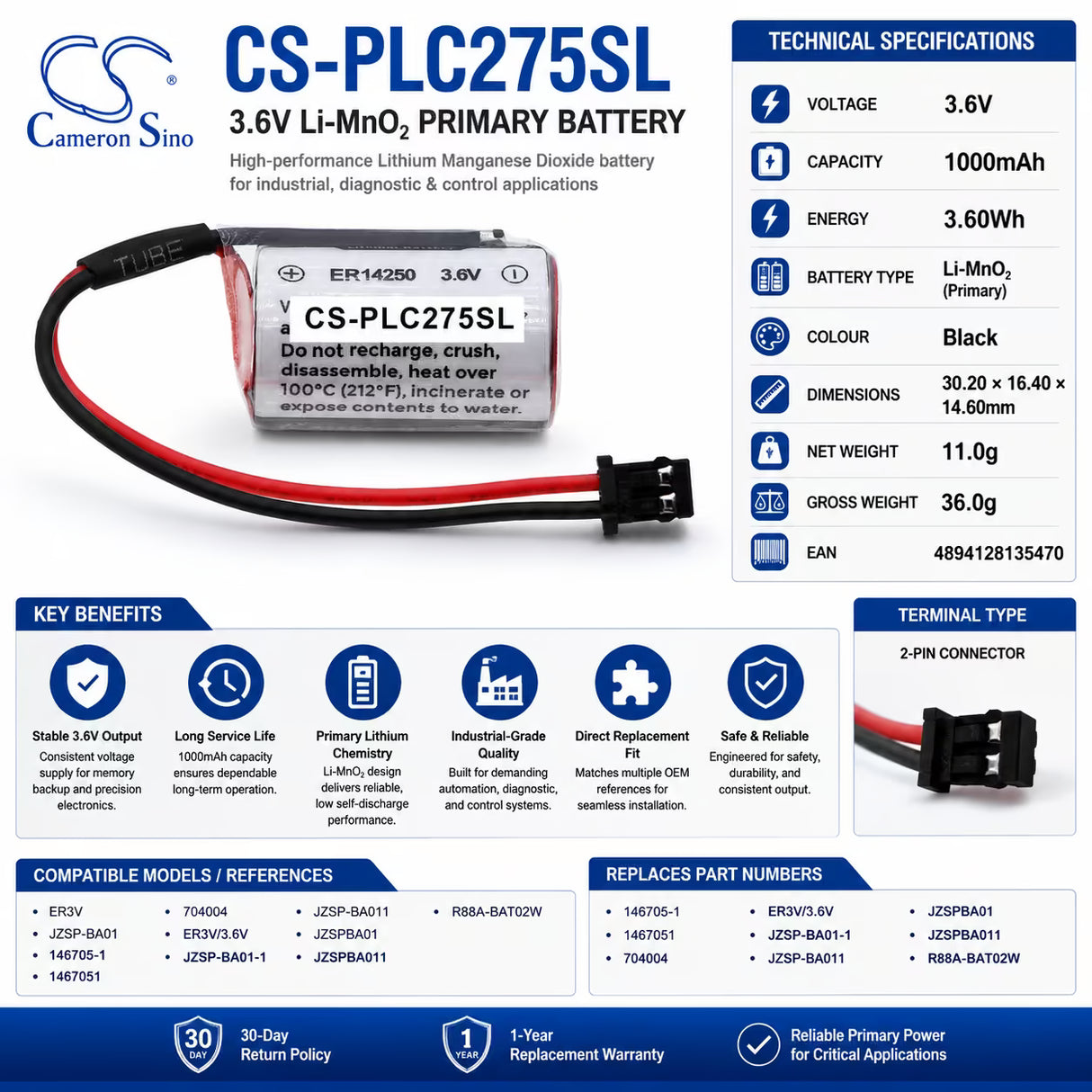 PLC Battery for Toshiba, Er3v 3.6v, 1000mah - 3.60wh PLC Cameron Sino Technology Limited