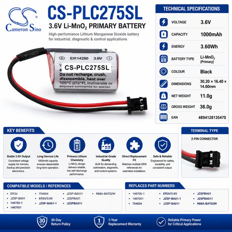 PLC Battery for Toshiba, Er3v 3.6v, 1000mah - 3.60wh PLC Cameron Sino Technology Limited