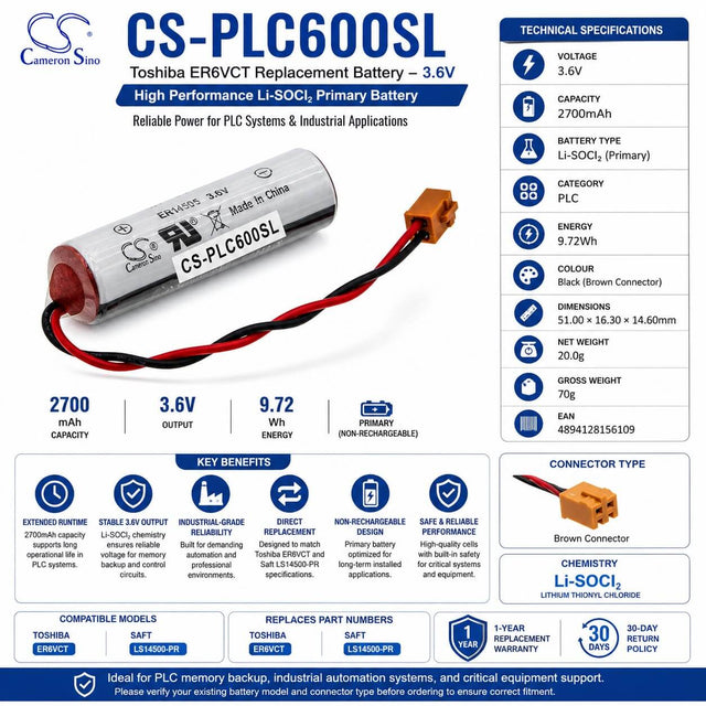 PLC Battery for Toshiba, Er6vct, Ls14500-pr, Note 3.6v, 2700mah - 9.72wh PLC Cameron Sino Technology Limited