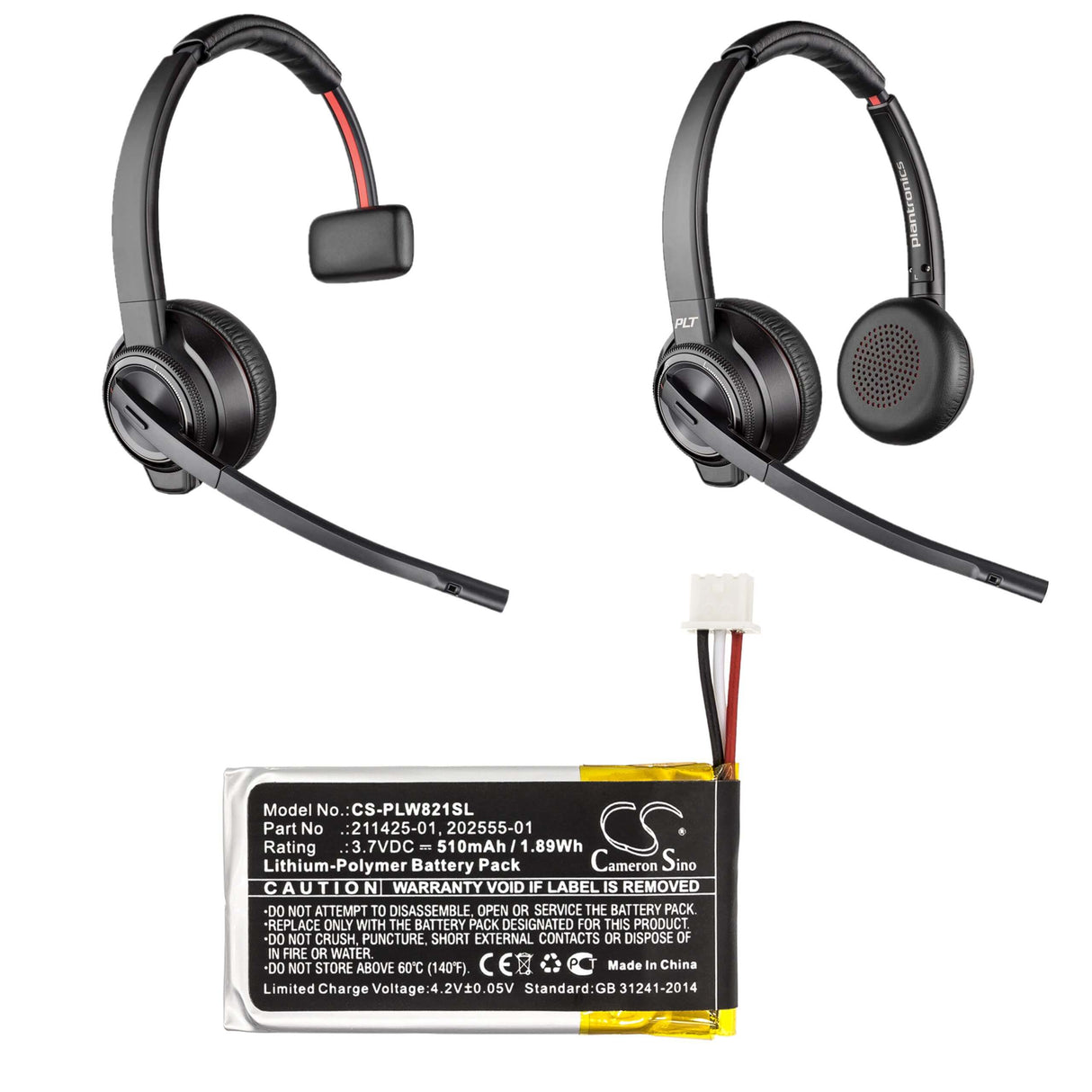 3.7V, Li-Polymer, 510mAh, Headset battery fits Plantronics, 202555-01, Savi 8210, Savi 8220, 1.89Wh Wireless Headset Cameron Sino Technology Limited