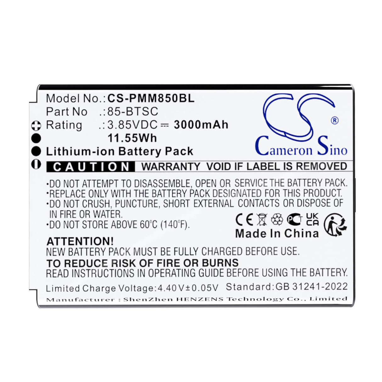 3.85V, Li-ion, 3000mAh, Barcode Scanner battery fits Point Mobile, 85-BTSC, PM85, PM90, 11.55Wh Barcode Scanner Cameron Sino Technology Limited