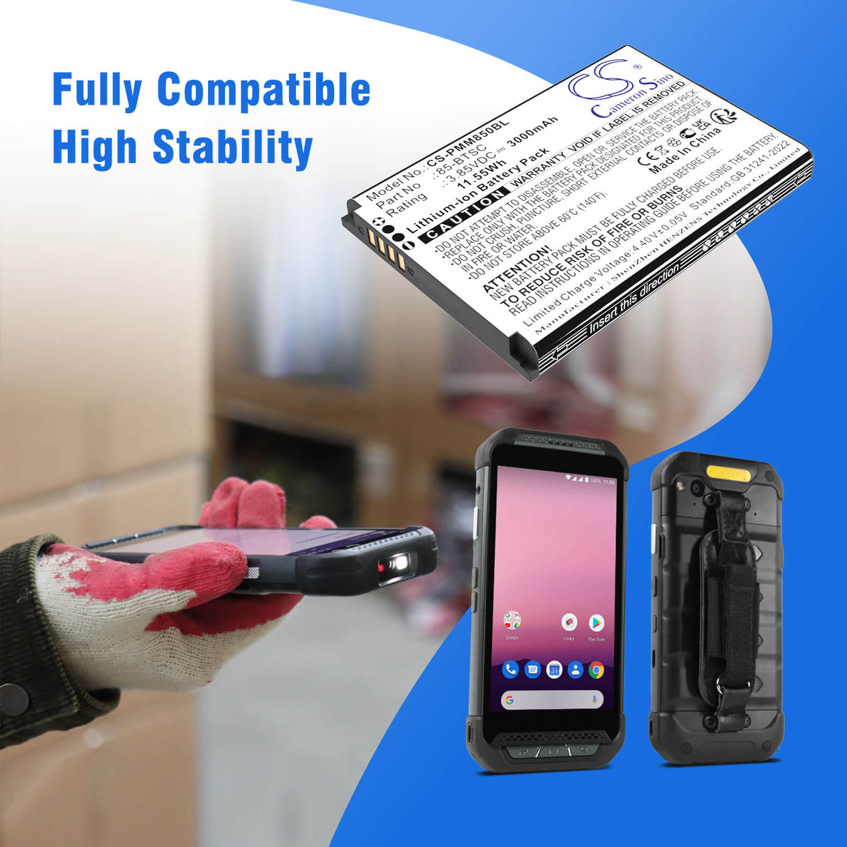 3.85V, Li-ion, 3000mAh, Barcode Scanner battery fits Point Mobile, 85-BTSC, PM85, PM90, 11.55Wh Barcode Scanner Cameron Sino Technology Limited