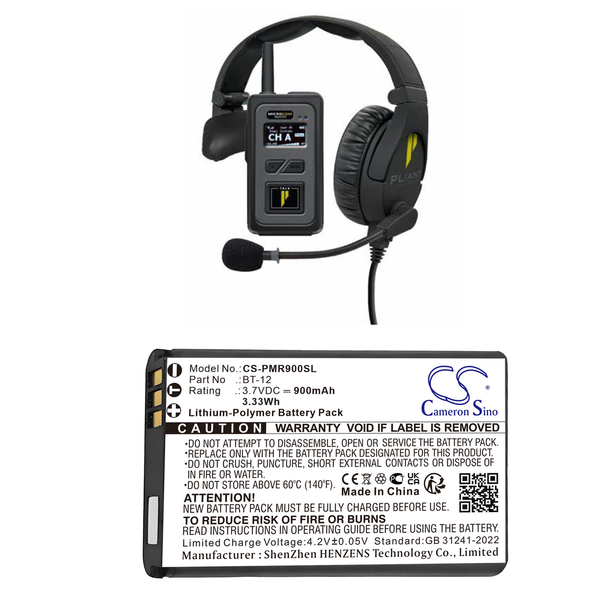 3.7V, Li-Polymer, 900mAh, Speaker battery fits Pliant, 031-450-3048, Microcom Xr, Microcom Xr900 All-in-one Head, 3.33Wh Speaker Cameron Sino Technology Limited