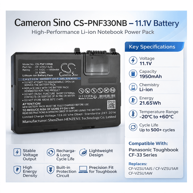 11.1V, Li-ion, 1950mAh Notebook, Laptop Battery fits Panasonic, Toughbook Cf-33, Toughbook Cf-33aehfatg, 21.65Wh Notebook, Laptop Cameron Sino Technology Limited