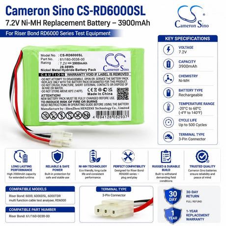 7.2V, Ni-MH, 3900mAh, Equipment battery fits Riser Bond, 61/160-0038-00, 6000, 6000dsl, 28.08Wh Equipment, Survey, Test Cameron Sino Technology Limited