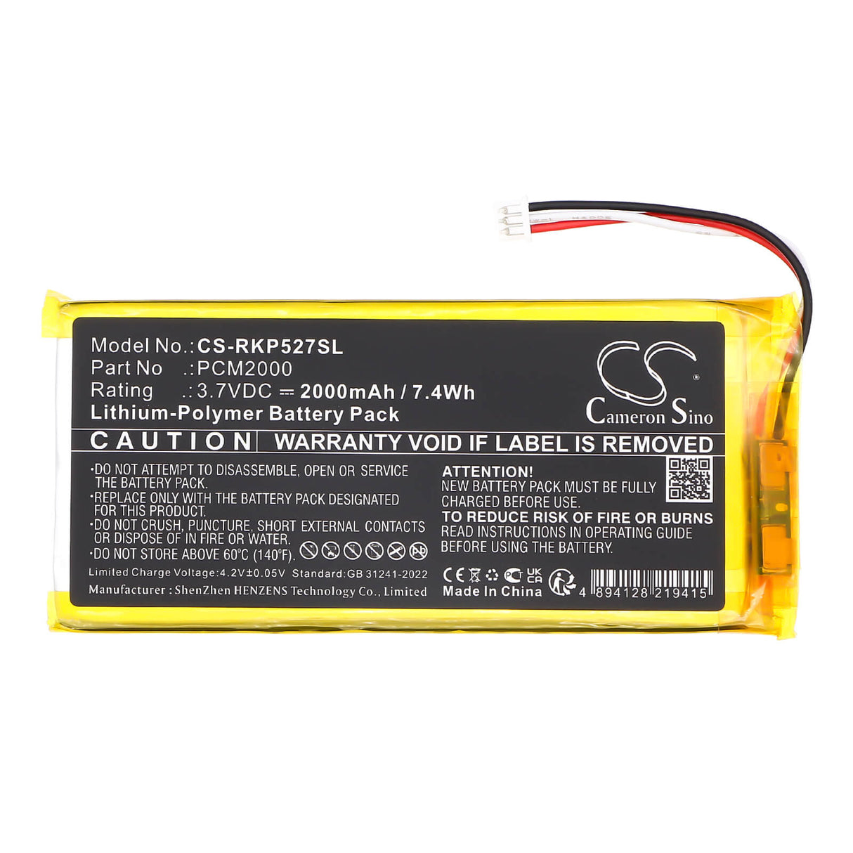 3.7V, Li-Polymer, 2000mAh, Alarm System battery fits Ring, PCM2000, 5AT2S7, Alarm Keypad, 7.4Wh Alarm System Cameron Sino Technology Limited