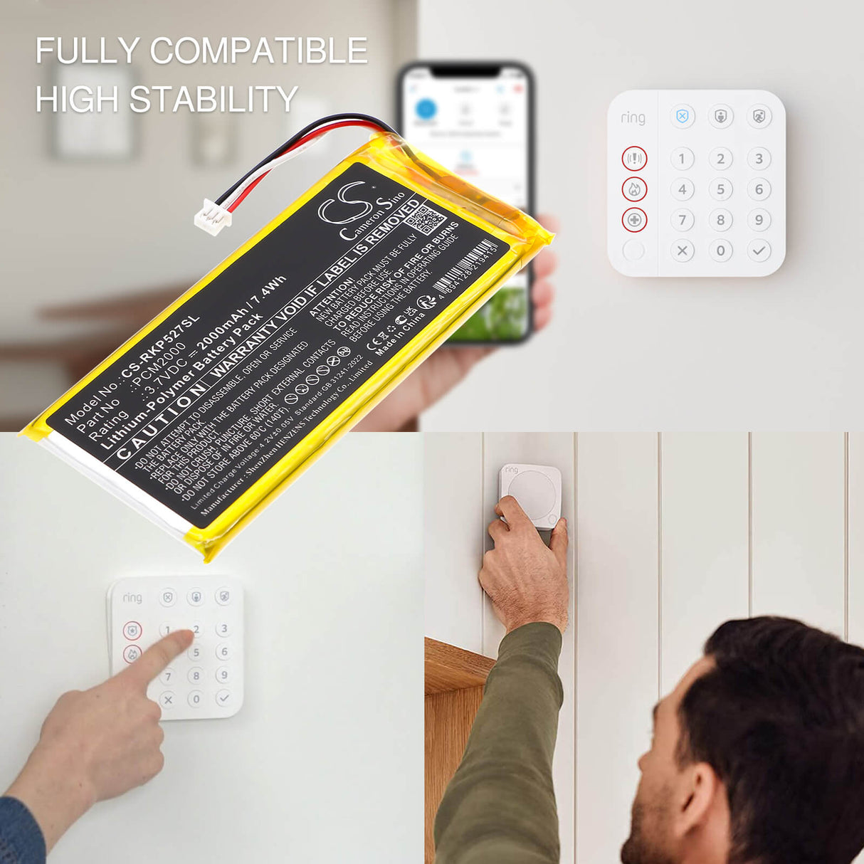 3.7V, Li-Polymer, 2000mAh, Alarm System battery fits Ring, PCM2000, 5AT2S7, Alarm Keypad, 7.4Wh Alarm System Cameron Sino Technology Limited