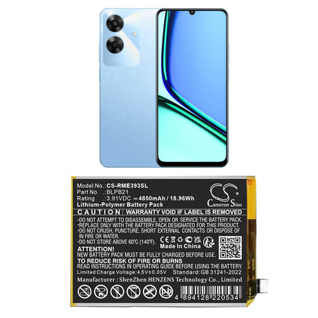 3,91V, Li-Polymer, 4850mAh, Mobile, Batterie de smartphone compatible avec Realme, BLPB21, Note 60, Note 60x, 18,96Wh Mobile, Smartphone Cameron Sino Technology Limited