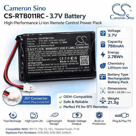 3.7V, Li-ion, 750mAh, Remote Control battery fits Rti, T1, T1b, T2, 2.78Wh Remote Control Cameron Sino Technology Limited