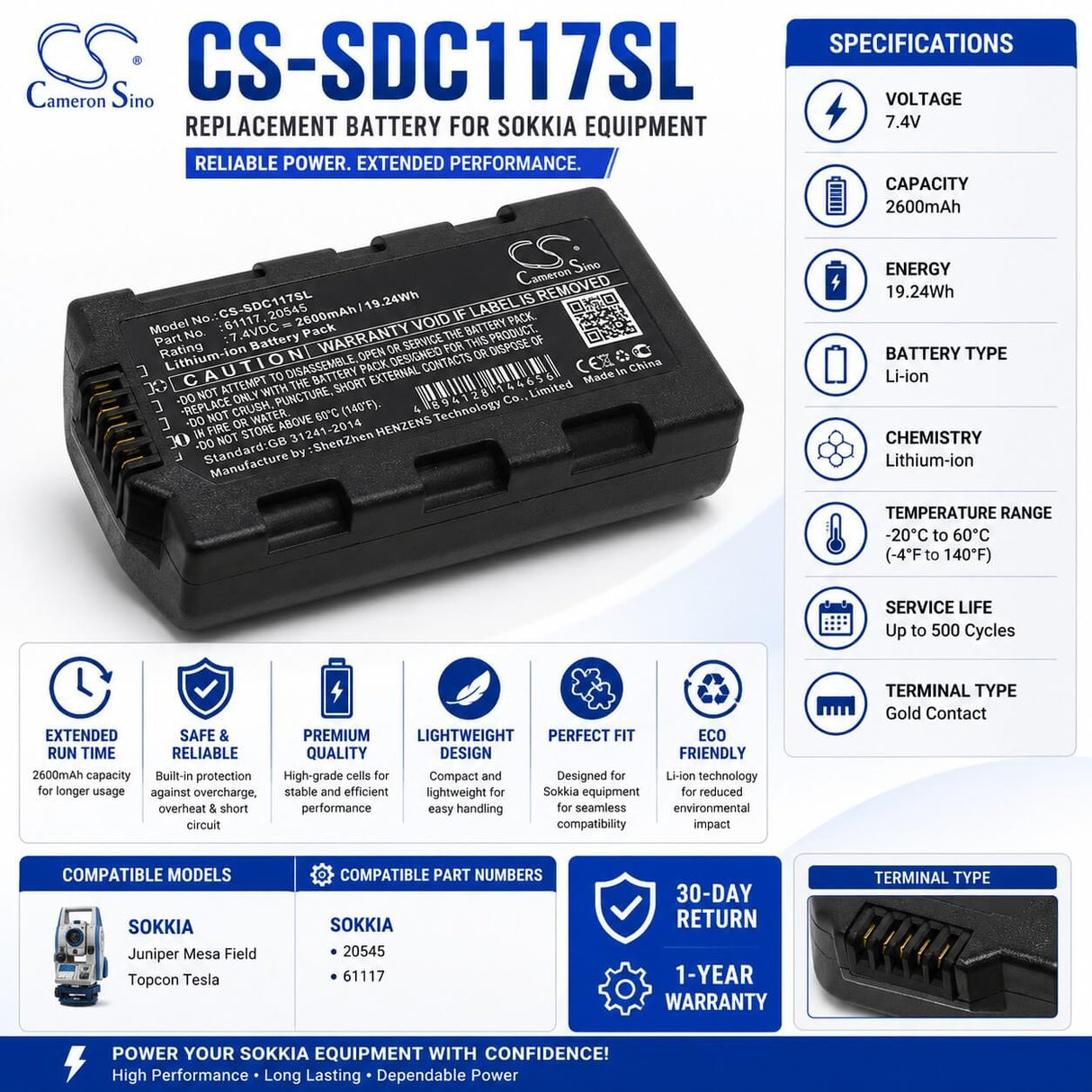 7.4V, Li-ion, 2600mAh, Equipment battery fits Sokkia, 20545, Juniper Mesa Field, Topcon Tesla, 19.24Wh Equipment, Survey, Test Cameron Sino Technology Limited