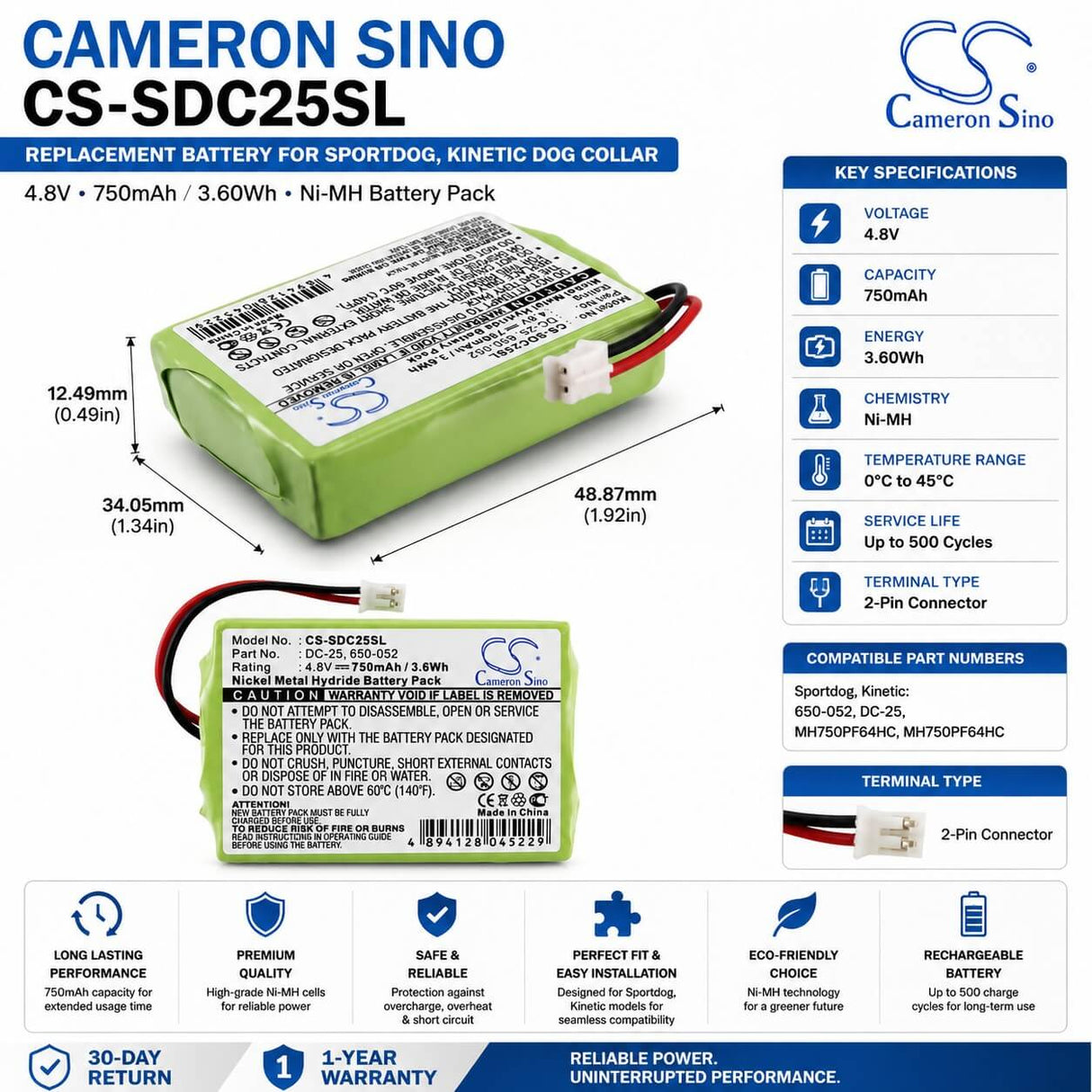 4.8V, Ni-MH, 750mAh, Dog Collar battery fits Sportdog, Kinetic, Mh750pf64hc, Mh750pf64hc, 3.6Wh Dog Collar Cameron Sino Technology Limited
