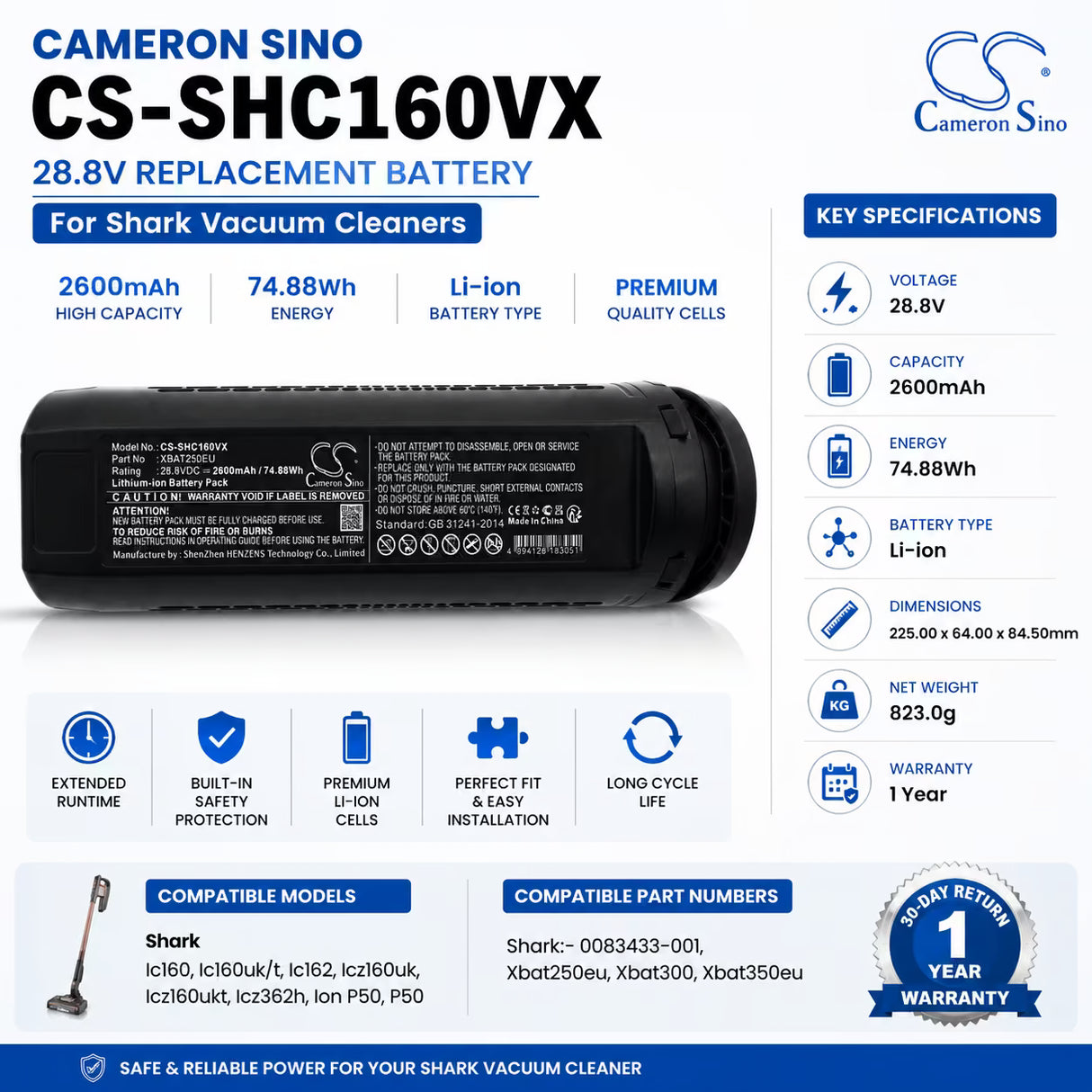 28.8V, Li-ion, 2600mAh, Vacuum battery fits Shark, Ic160, Ic160uk/t, Ic162, 74.88Wh Vacuum Cameron Sino Technology Limited