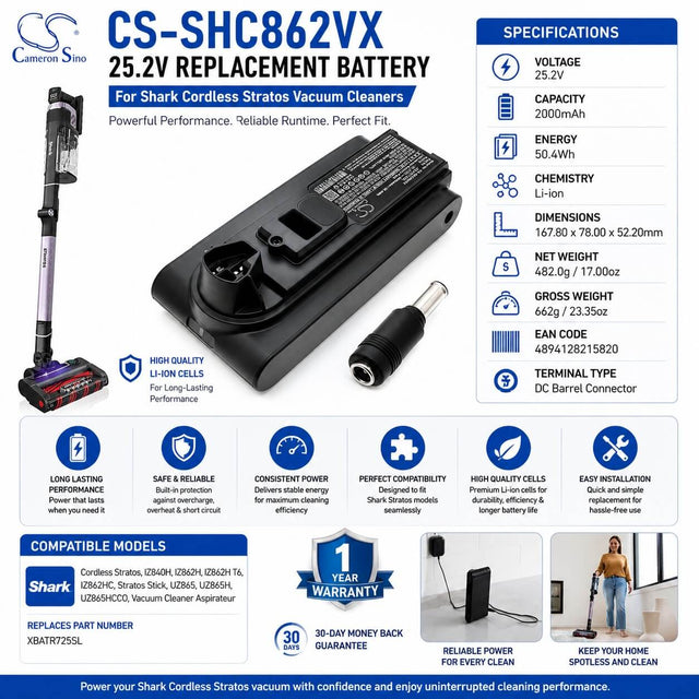 25.2V, Li-ion, 2000mAh, Vacuum battery fits Shark, Xbatr725sl, Cordless Stratos, Iz840h, 50.4Wh Vacuum Cameron Sino Technology Limited