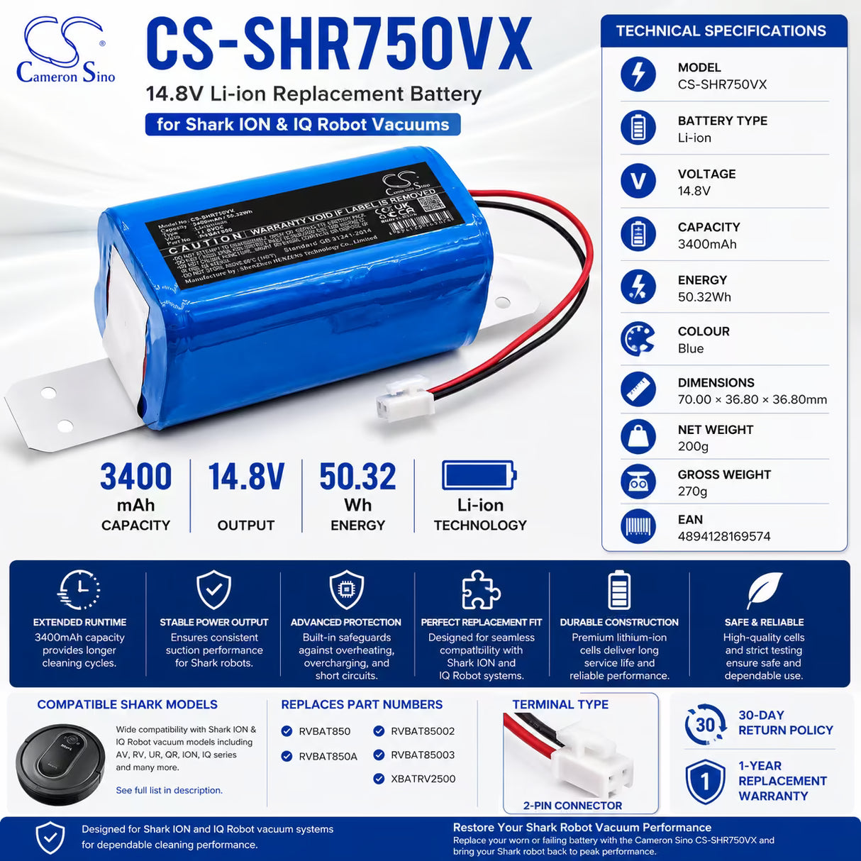 Shark RVBAT850 Battery Replacement 3400mAh 14.8V Li-ion Vacuum Cameron Sino Technology Limited