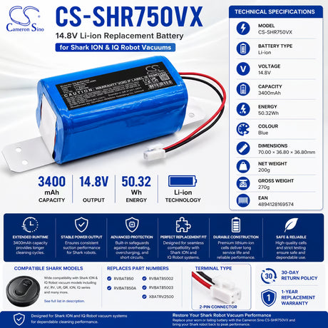 Shark RVBAT850 Battery Replacement 3400mAh 14.8V Li-ion Vacuum Cameron Sino Technology Limited