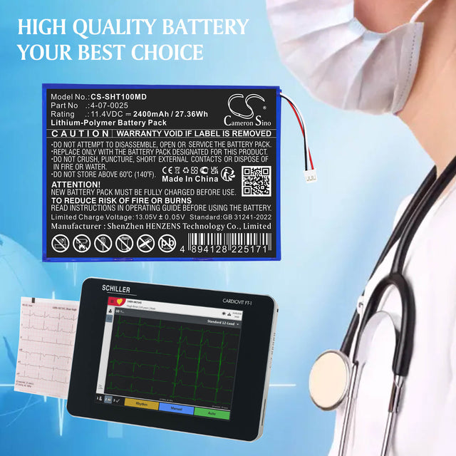 11.4V, Li-Polymer, 2400mAh, Medical battery fits Schiller, 4-07-0025, FT1 ECG, 27.36Wh Medical Cameron Sino Technology Limited
