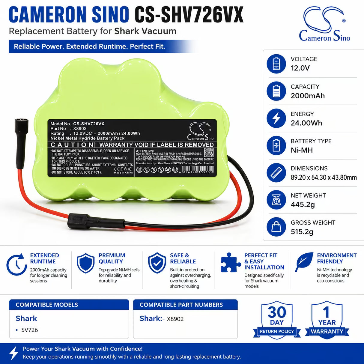 Shark X8902 Replacement Battery SV726 12V 2000mAh Ni-MH Vacuum Cameron Sino Technology Limited