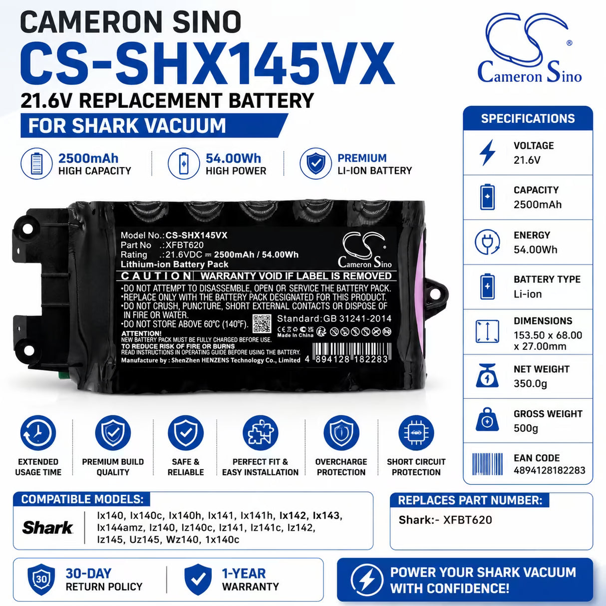 Shark XFBT620 Replacement Battery 21.6V 2500mAh Li-ion Vacuum Cameron Sino Technology Limited