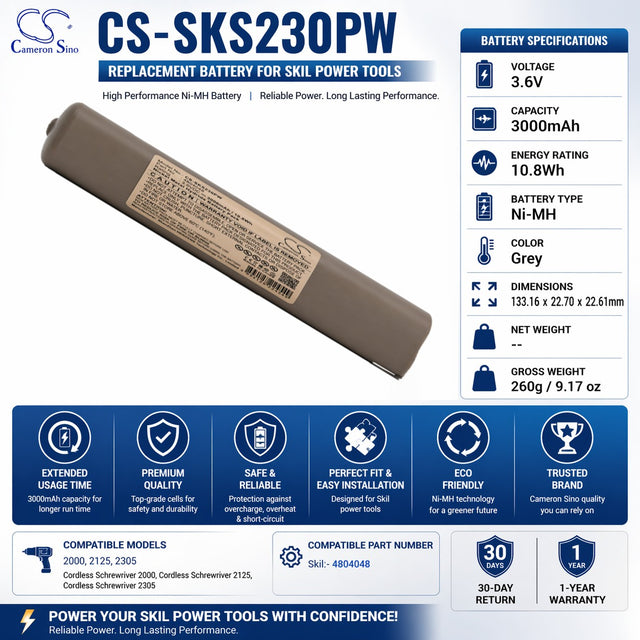 3.6V, Ni-MH, 3000mAh, Power Tools battery fits Skil, 4804048, 2000, 2125, 10.8Wh Power Tools Cameron Sino Technology Limited
