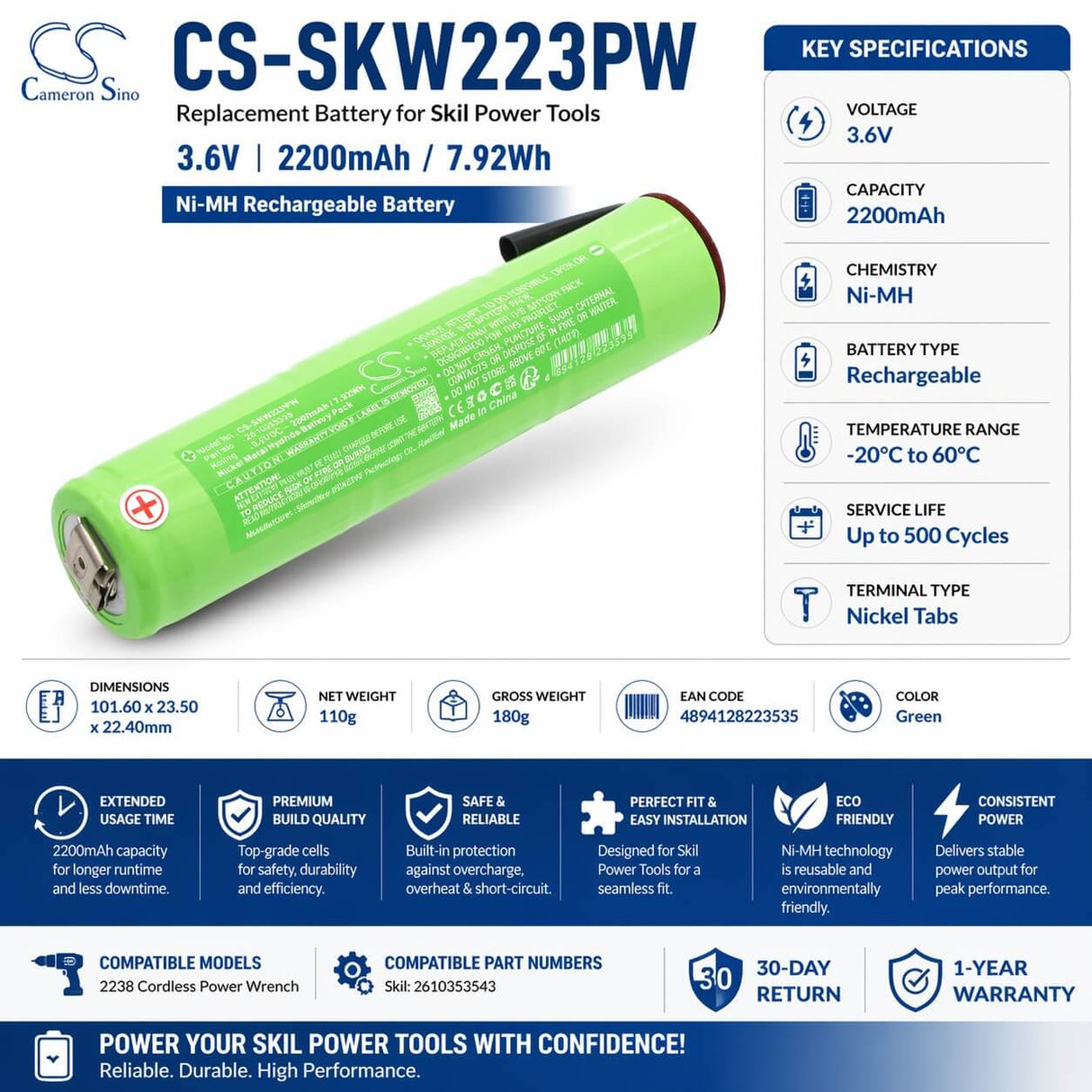 3.6V, Ni-MH, 2200mAh, Power Tools battery fits Skil, 2610353543, 2238 Cordless Power Wrench, 7.92Wh Power Tools Cameron Sino Technology Limited