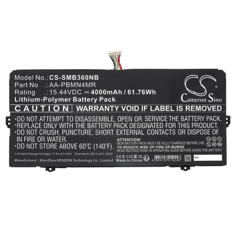 15.44V, Li-Polymer, 4000mAh, Notebook, Laptop battery fits Samsung, AA-PBMN4MR, Galaxy Book Pro 360 13, GALAXY BOOK PRO NP930XDB-KD1HK, 61.76Wh Notebook, Laptop Cameron Sino Technology Limited