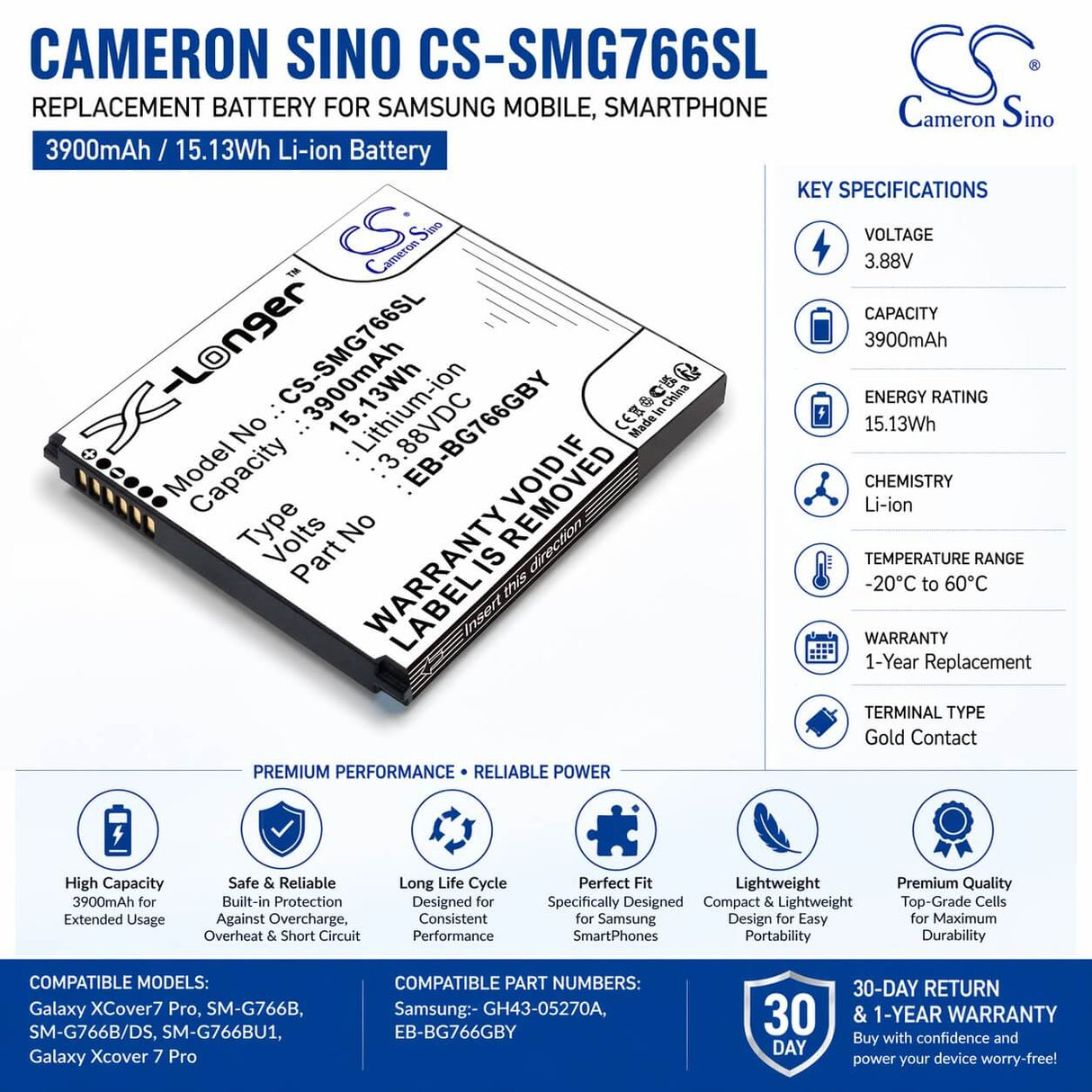3.88V, Li-ion, 3900mAh, Mobile, SmartPhone battery fits Samsung, GH43-05270A, Galaxy XCover7 Pro, SM-G766B, 15.13Wh Mobile, SmartPhone Cameron Sino Technology Limited