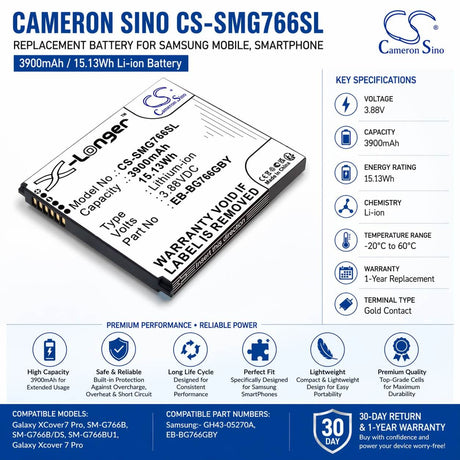 3.88V, Li-ion, 3900mAh, Mobile, SmartPhone battery fits Samsung, GH43-05270A, Galaxy XCover7 Pro, SM-G766B, 15.13Wh Mobile, SmartPhone Cameron Sino Technology Limited