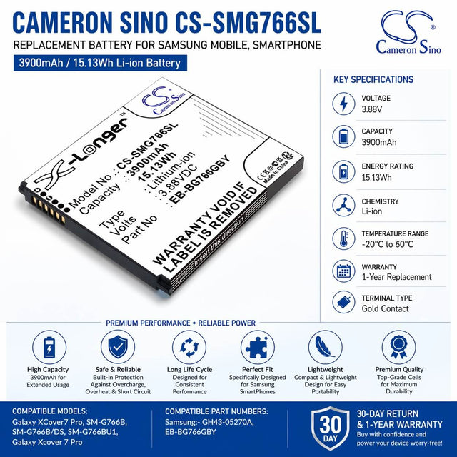 3.88V, Li-ion, 3900mAh, Mobile, SmartPhone battery fits Samsung, GH43-05270A, Galaxy XCover7 Pro, SM-G766B, 15.13Wh Mobile, SmartPhone Cameron Sino Technology Limited