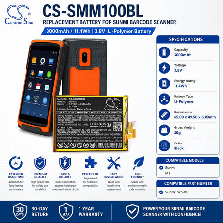 3.8V, Li-Polymer, 3000mAh, Barcode Scanner battery fits Sunmi, W5910, M1, 11.4Wh Barcode Scanner Cameron Sino Technology Limited