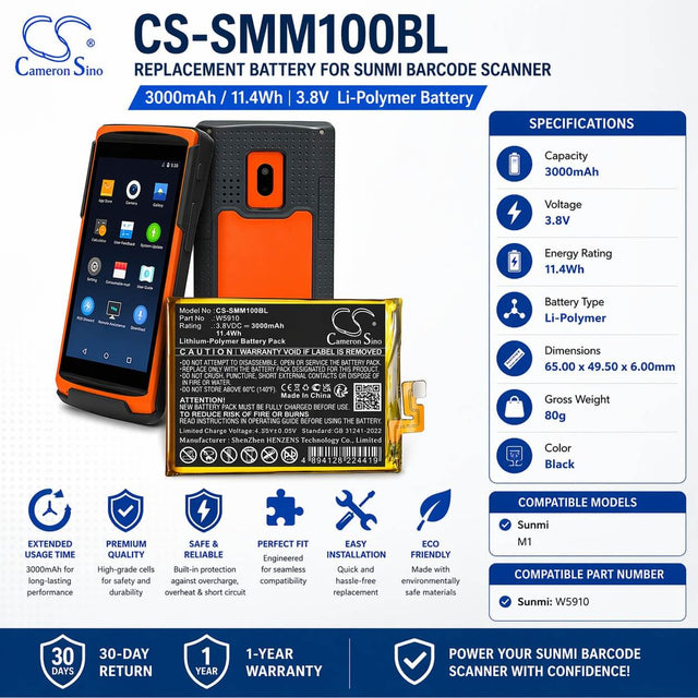 3.8V, Li-Polymer, 3000mAh, Barcode Scanner battery fits Sunmi, W5910, M1, 11.4Wh Barcode Scanner Cameron Sino Technology Limited