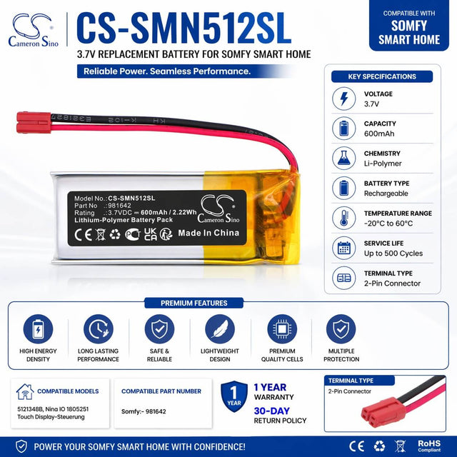 3.7V, Li-Polymer, 600mAh, Smart Home battery fits Somfy, 981642, 5121348B, Nina IO 1805251 Touch Display-Steuerung, 2.22Wh Smart Home Cameron Sino Technology Limited