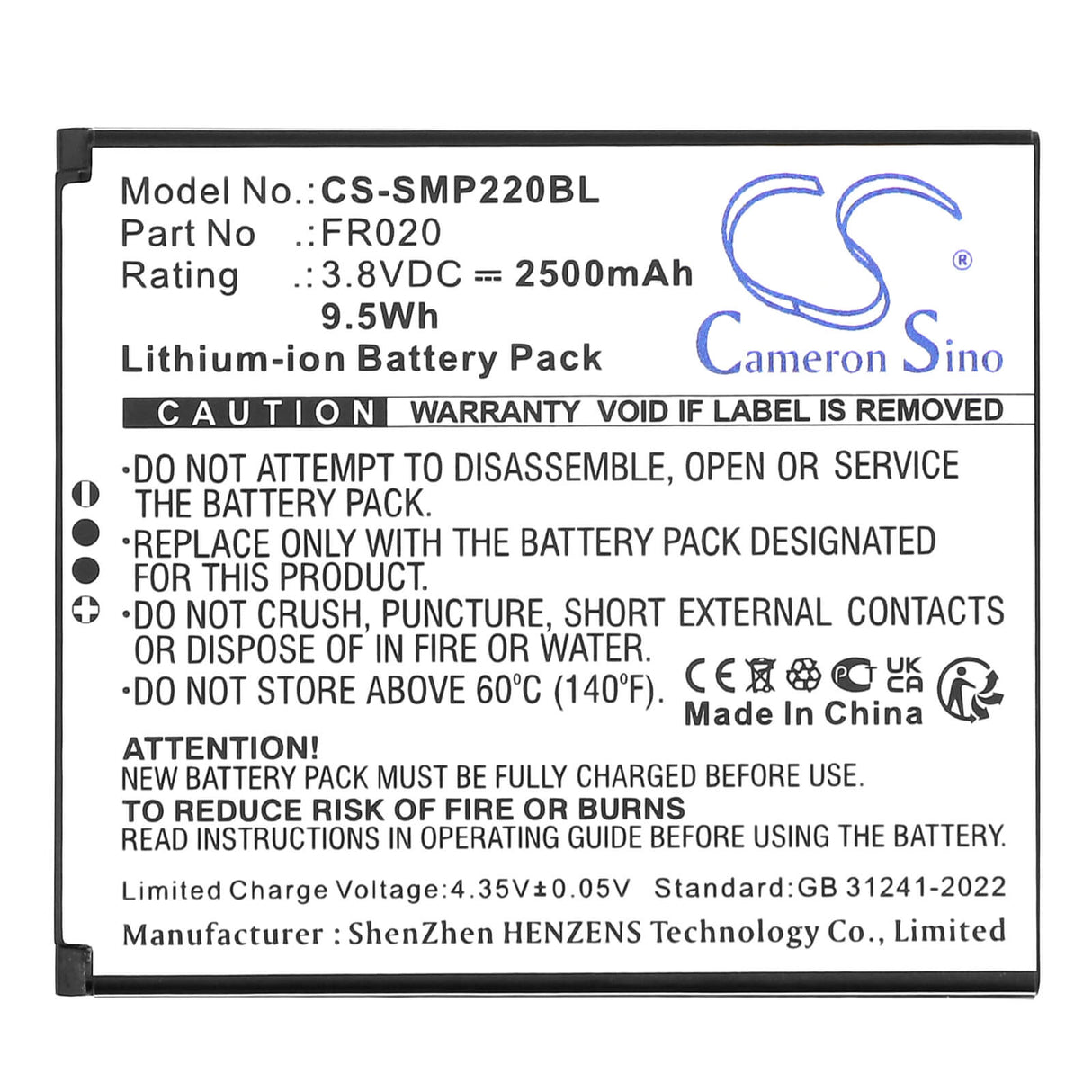 3.8V, Li-ion, 2500mAh, Payment Terminal battery fits Sunmi, FR020, P2 Mini, 9.5Wh Payment Terminal Cameron Sino Technology Limited