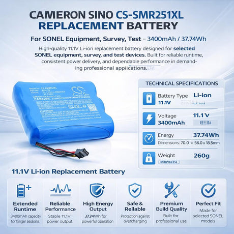 11.1V, Li-ion, 3400mAh, Equipment, Survey, Test battery fits SONEL, AKU-29, MIC-2511, 37.74Wh Equipment, Survey, Test Cameron Sino Technology Limited
