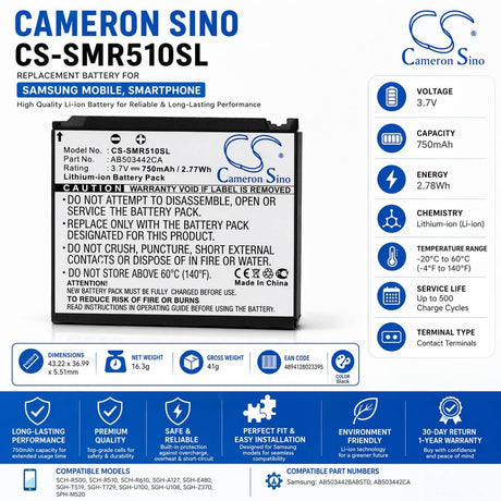 3.7V, Li-ion, 750mAh, Mobile, SmartPhone battery fits Samsung, AB503442BABSTD, SCH-R500, SCH-R510, 2.78Wh Mobile, SmartPhone Cameron Sino Technology Limited