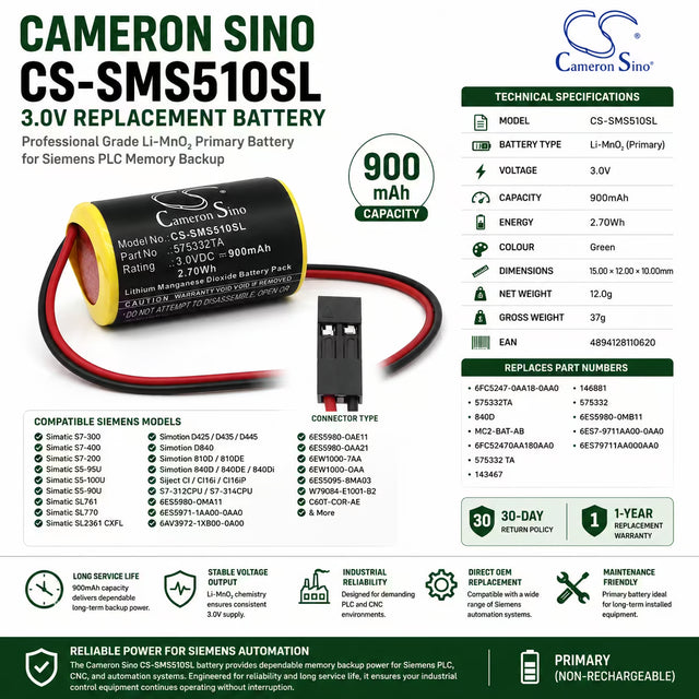 PLC Battery for Siemens Simatic Sl761, Simatic Sl770, 6es5980 - Oma11 3.0v, 900mah - 2.70wh PLC Cameron Sino Technology Limited