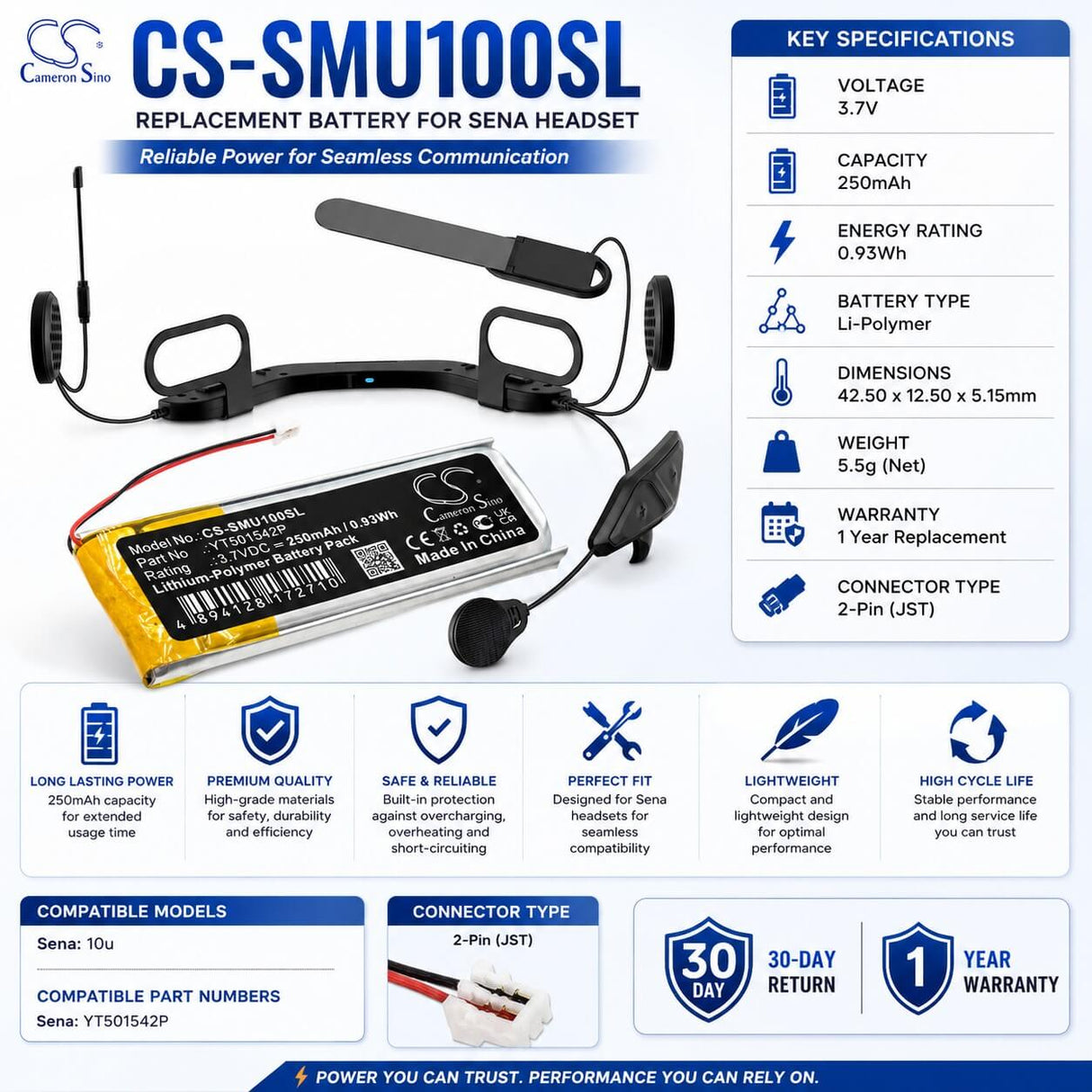 3.7V, Li-Polymer, 250mAh, Headset battery fits Sena, Yt501542p, 10u, 0.93Wh Wireless Headset Cameron Sino Technology Limited