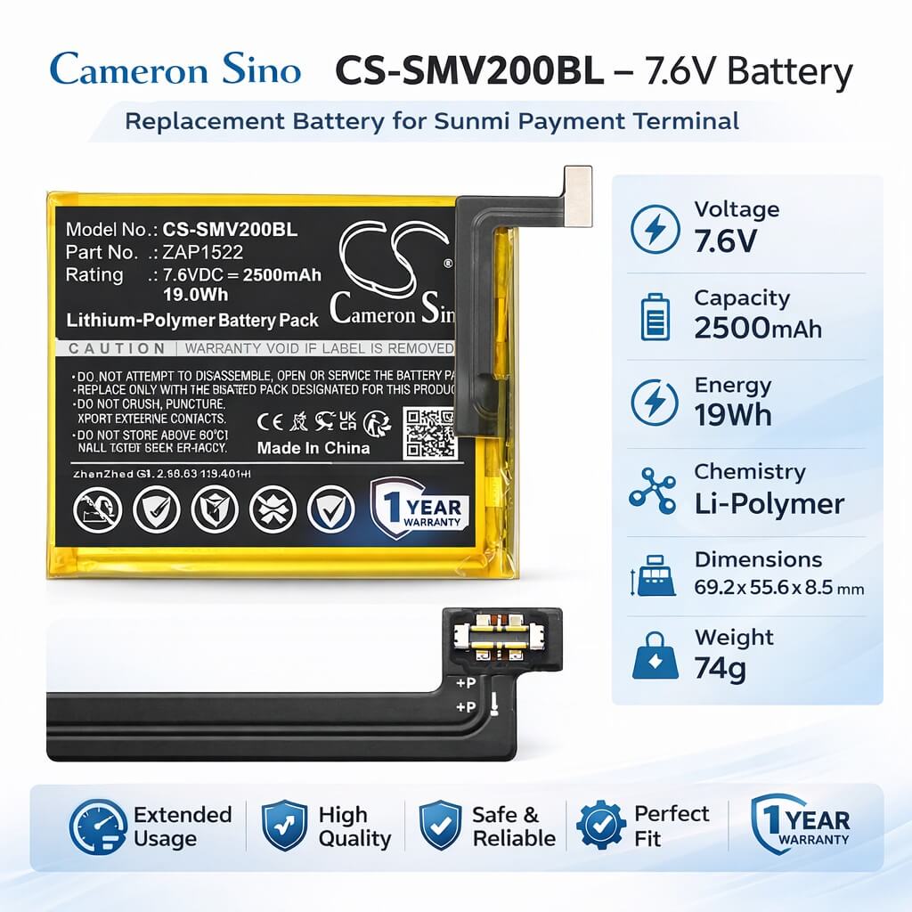 7.6V, Li-Polymer, 2500mAh, Payment Terminal battery fits Sunmi, ZAP1522, T5930, V2, 19Wh Payment Terminal Cameron Sino Technology Limited