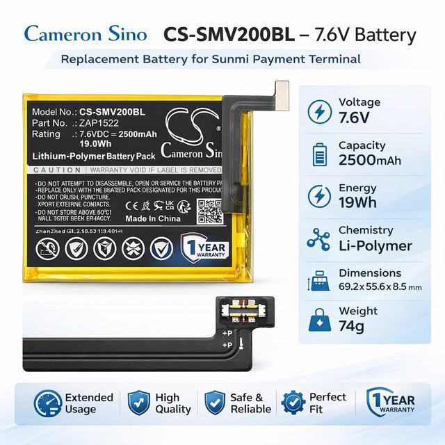 7.6V, Li-Polymer, 2500mAh, Payment Terminal battery fits Sunmi, ZAP1522, T5930, V2, 19Wh Payment Terminal Cameron Sino Technology Limited