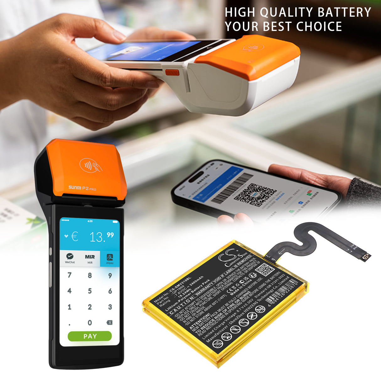 7.6V, Li-Polymer, 2400mAh, Payment Terminal battery fits Sunmi, QP1669, P2 Pro, 18.24Wh Payment Terminal Cameron Sino Technology Limited