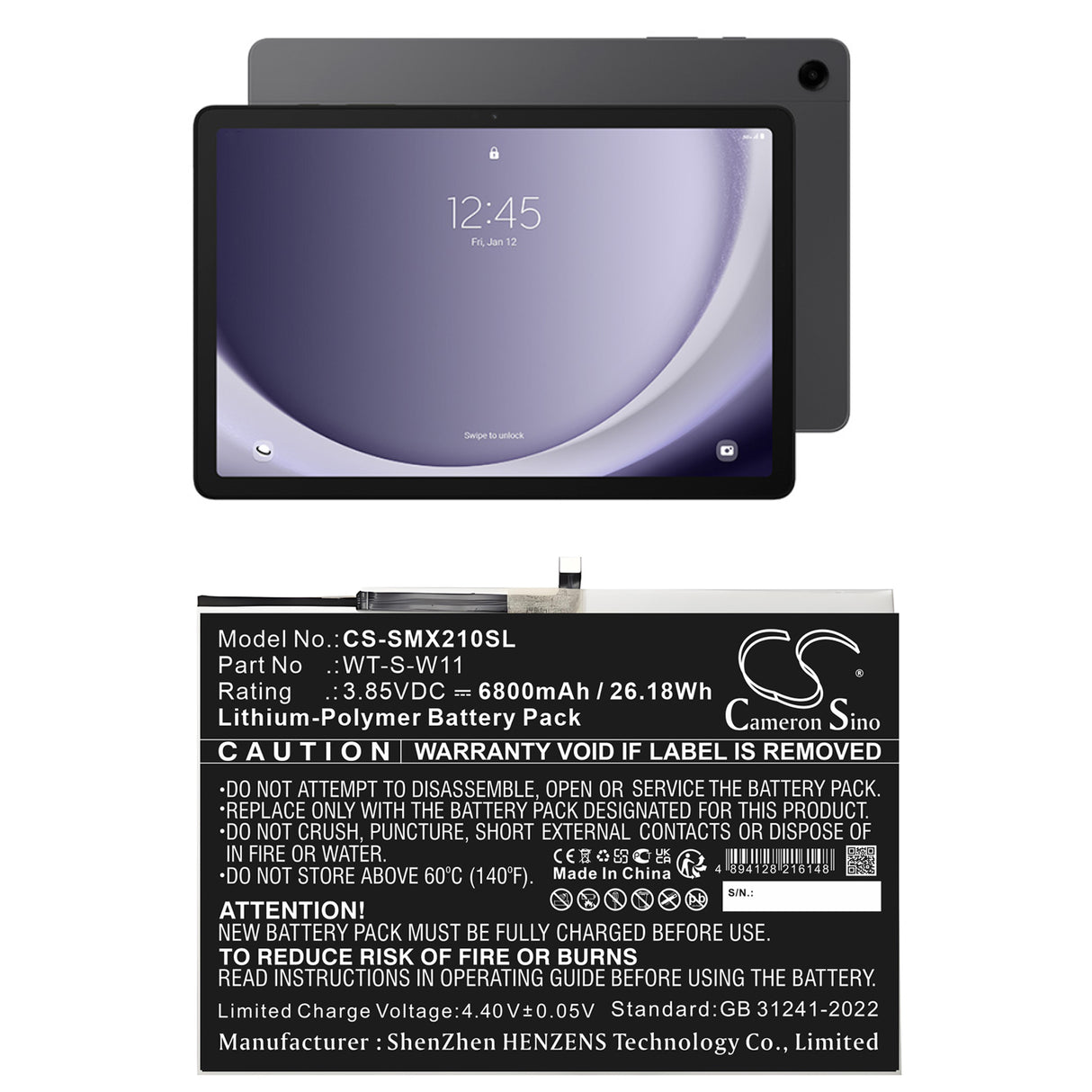3.85V, Li-Polymer, 6800mAh, Tablet battery fits Samsung, Wt-s-w11, Galaxy Tab A9+ 5g 11, Sm-x210, 26.18Wh Tablet Cameron Sino Technology Limited